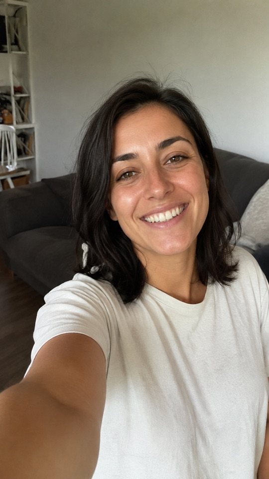 The same woman filming an ordinary selfie video at home