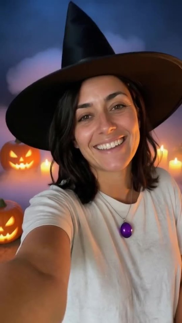 The same woman restyled by AI into an elegant Halloween witch among glowing pumpkins, with her own face and smile