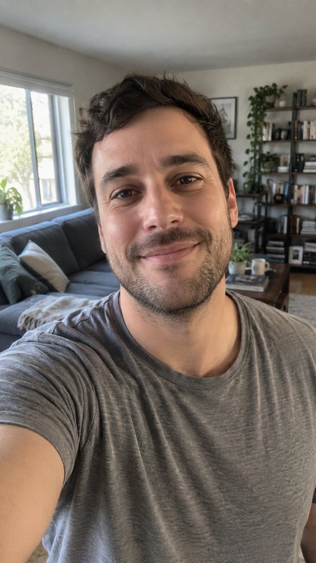 A man filming an ordinary selfie video in his living room