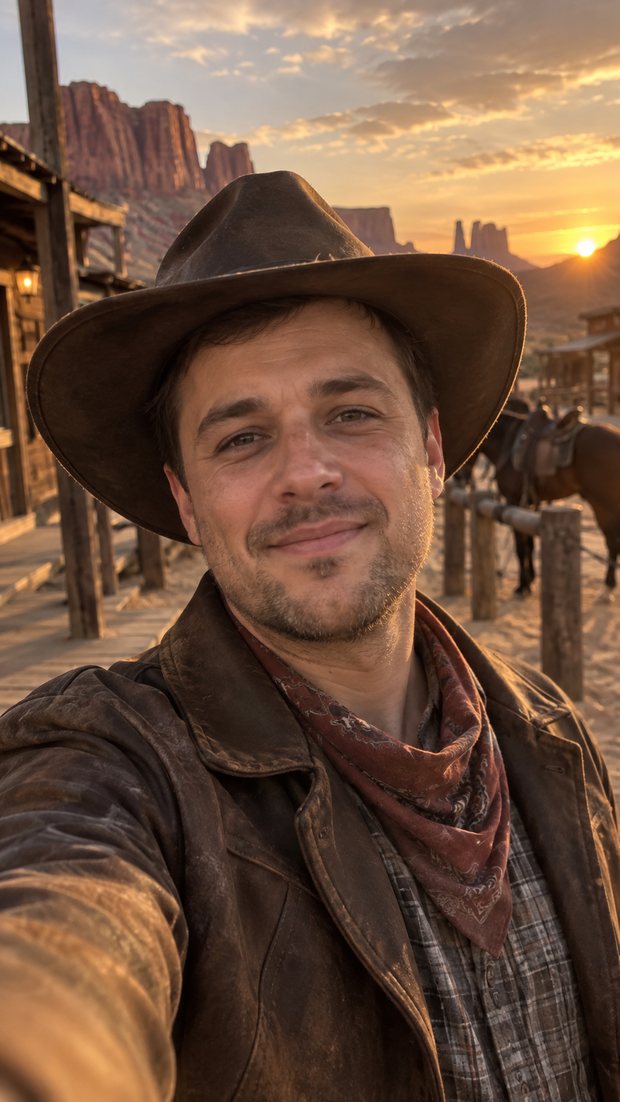 The same man restyled as a cowboy at sunset