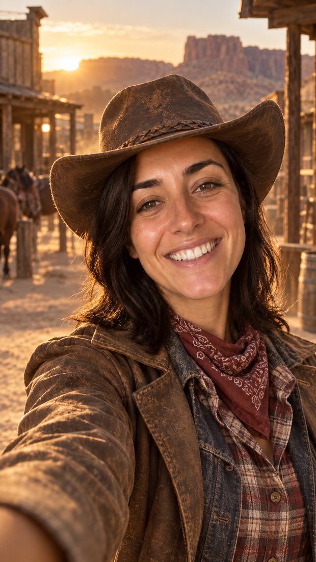 AI video style Cowboy: the same person restyled as a cowboy at sunset