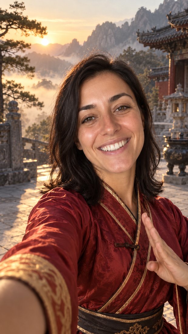 AI video style Kung Fu: the same person restyled in a mountain temple