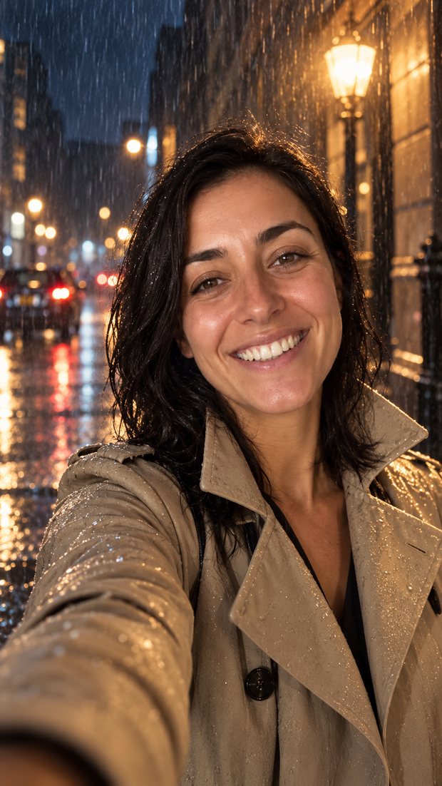 AI video style Noir: the same person restyled as a detective in the rain