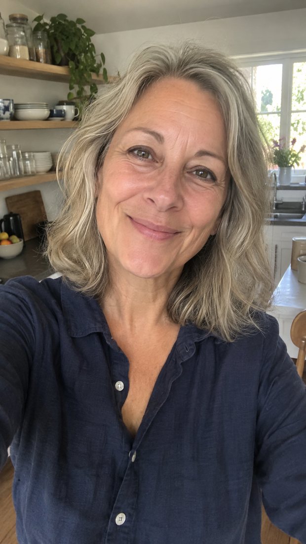 A woman filming an ordinary selfie video in her kitchen