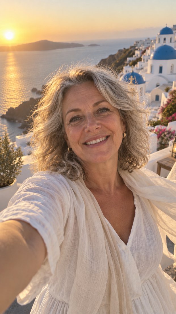 The same woman restyled on a sunlit terrace by the sea